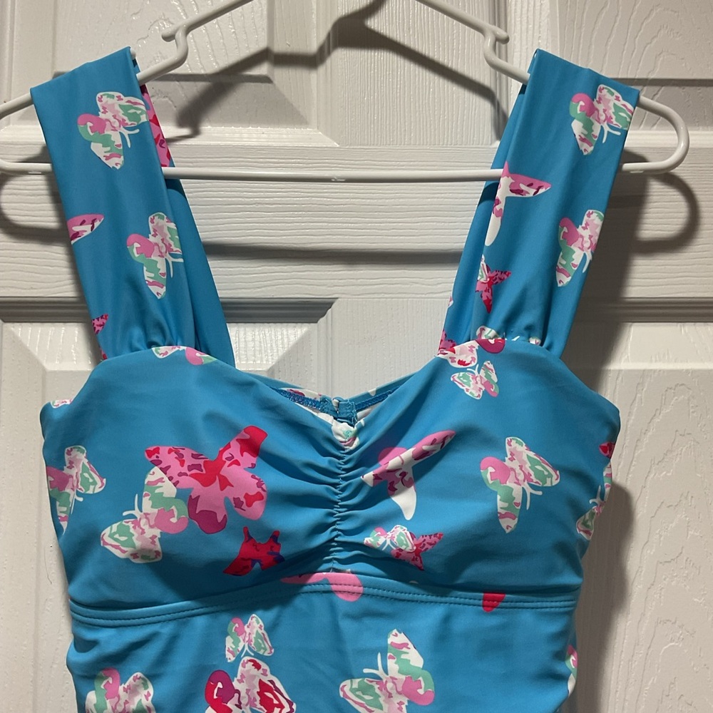 Suit swim dress with built-in shorts in blue w/ pink, green, white butterflies M - Picture 2 of 10